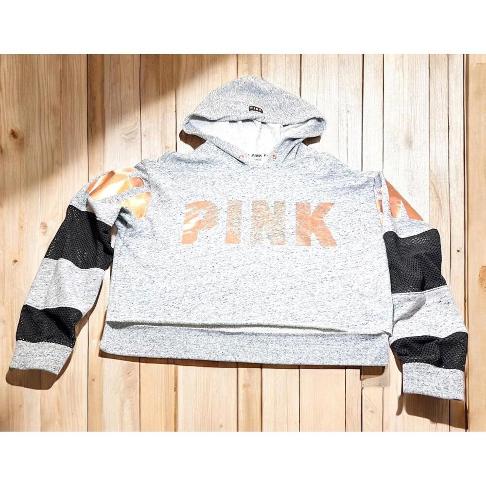 Pink Victorias Secret Womens Gray Striped Pullover Hoodie Long Sleeve Size M